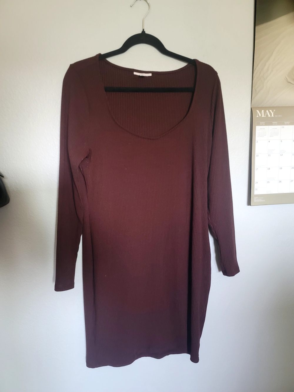Bar III Long Sleeve Ribbed Scoop Neck Dress in Brown